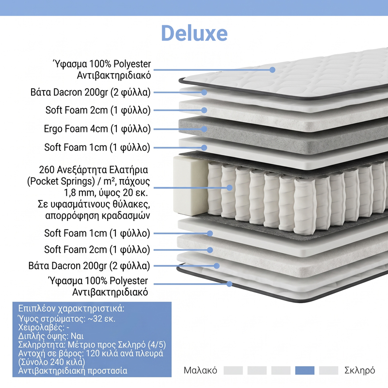 Dyshek Deluxe pakoworld me susta xhepi me dy anë 32cm 160x200cm