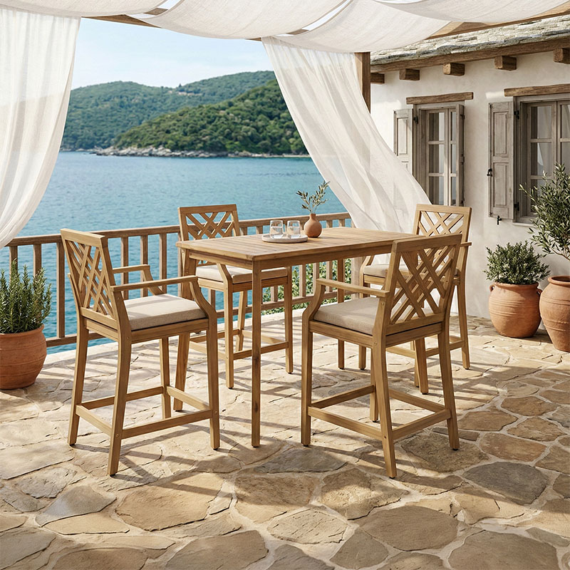 Set ngrënieje Bravo-Amalfi pakoworld me 5 pjesë, dru akacie i fortë dhe pëlhurë bezhë 130x70x90cm