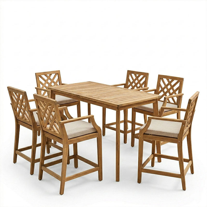 Set ngrënieje Bravo-Amalfi pakoworld me 7 pjesë, dru akacie i fortë dhe pëlhurë bezhë 130x70x90cm