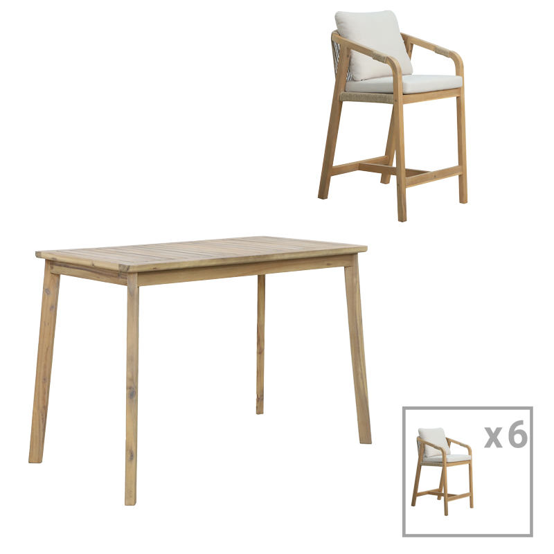 Set tavoline ngrënieje Bravo-Luciana pakoworld 7 copë dru masiv akacie dhe pëlhurë bezhë 130x70x90cm