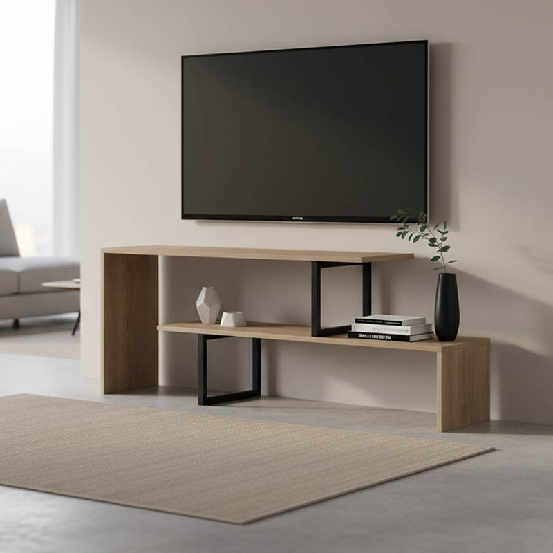 Mbajtëse televizori Lilant pakoworld pllakë melamine në ngjyrë SONOMA dhe këmbë metalike të zezë 160x30x45cm