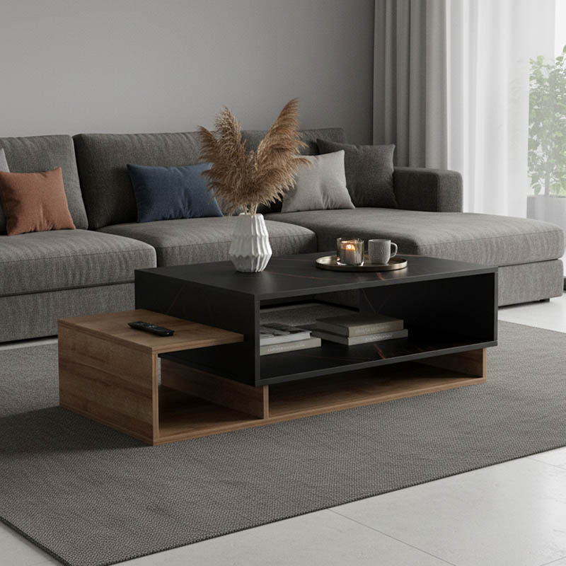 Tavolinë kafeje Dekost pakoworld në nuancë lisi-mermer i zi 105x50x32cm