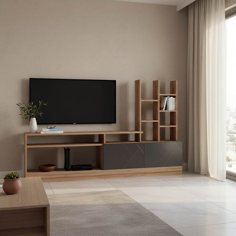 Njësi TV Seruno pakoworld në lis me mermer të zi 170x25x100cm
