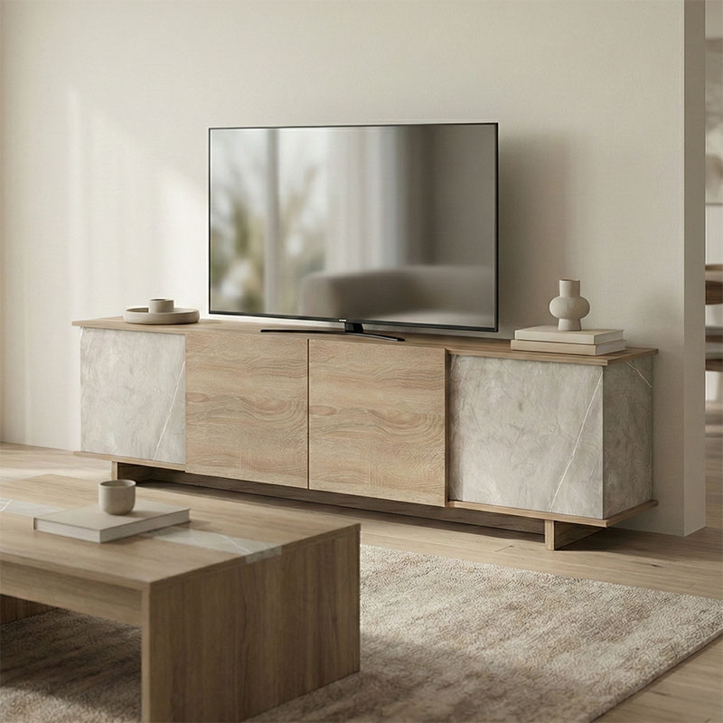 Komodinë TV Zafore pakoworld SONOMA me pamje mermeri gri-bezhë 180x33x50cm