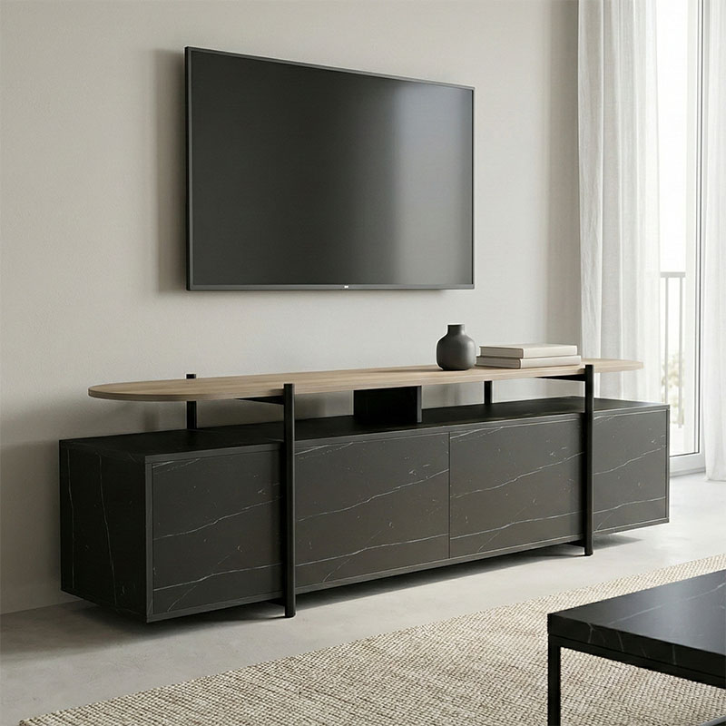Komodinë TV Medousa pakoworld SONOMA me fund mermeri të zi 160x35.5x50cm