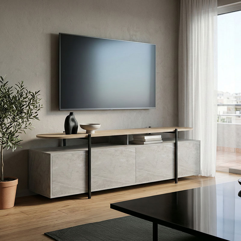 Komodinë TV Medousa pakoworld sonoma me përfundim mermeri gri-bezhe 160x35.5x50cm