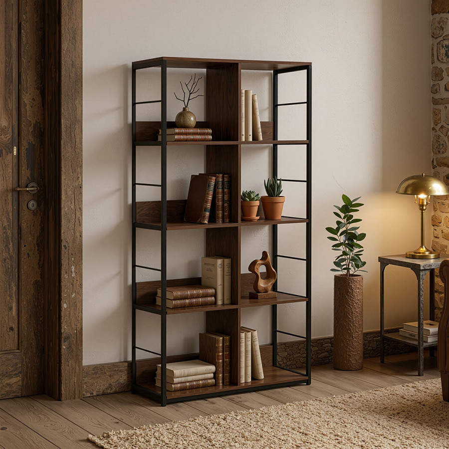 Bibliotekë-Raft Bocklet pakoworld kafe rustike-metal i zi 80x33x149cm