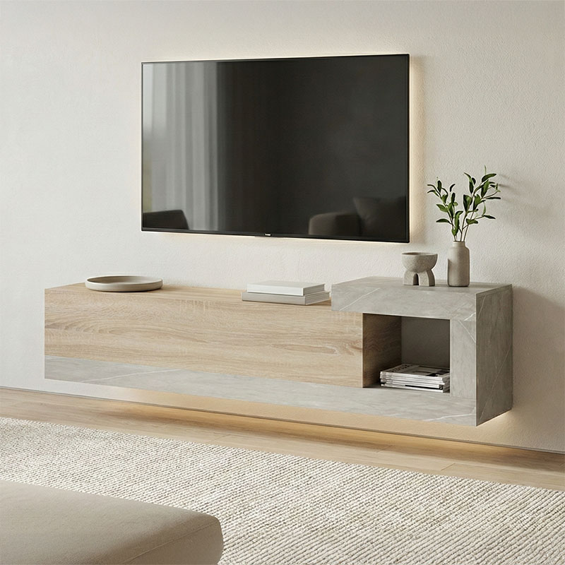 Dollap TV i montuar në mur Flato pakoworld sonoma-gri bezhë me pamje mermeri 150x29.5x38.5cm