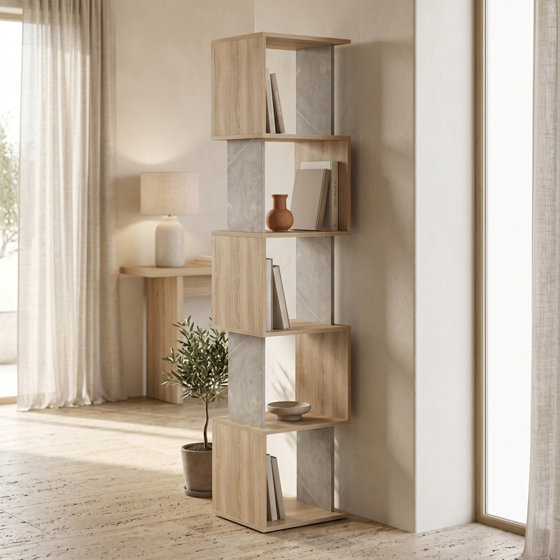 Librari Cubik pakoworld sonoma me mermer gri bezhë 35x30x161cm
