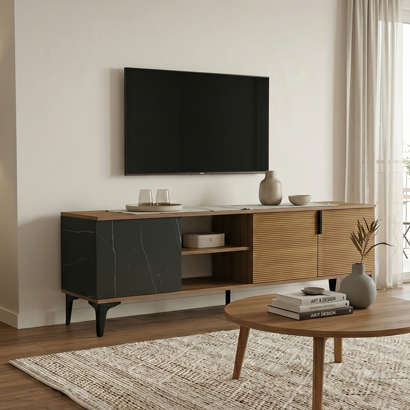 Komodinë tv Riba pakoworld arrë-mermer i zi 180x34x51cm
