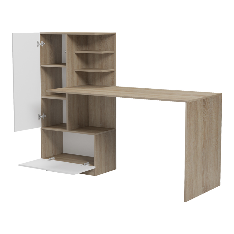 Tavolinë pune me bibliotekë Felanbo pakoworld sonoma-e bardhë 160x60x125cm