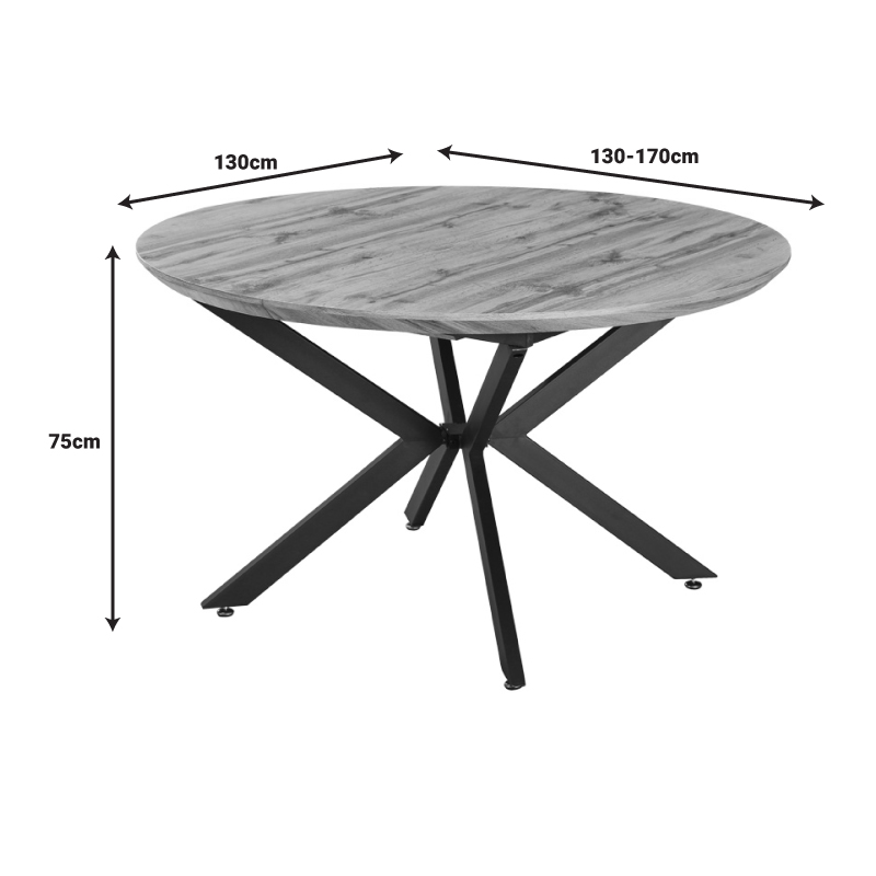 Tavolinë e zgjerueshme Edina pakoworld mdf në ngjyrë SONOMA me këmbë metalike të zeza 130-170x130x75cm