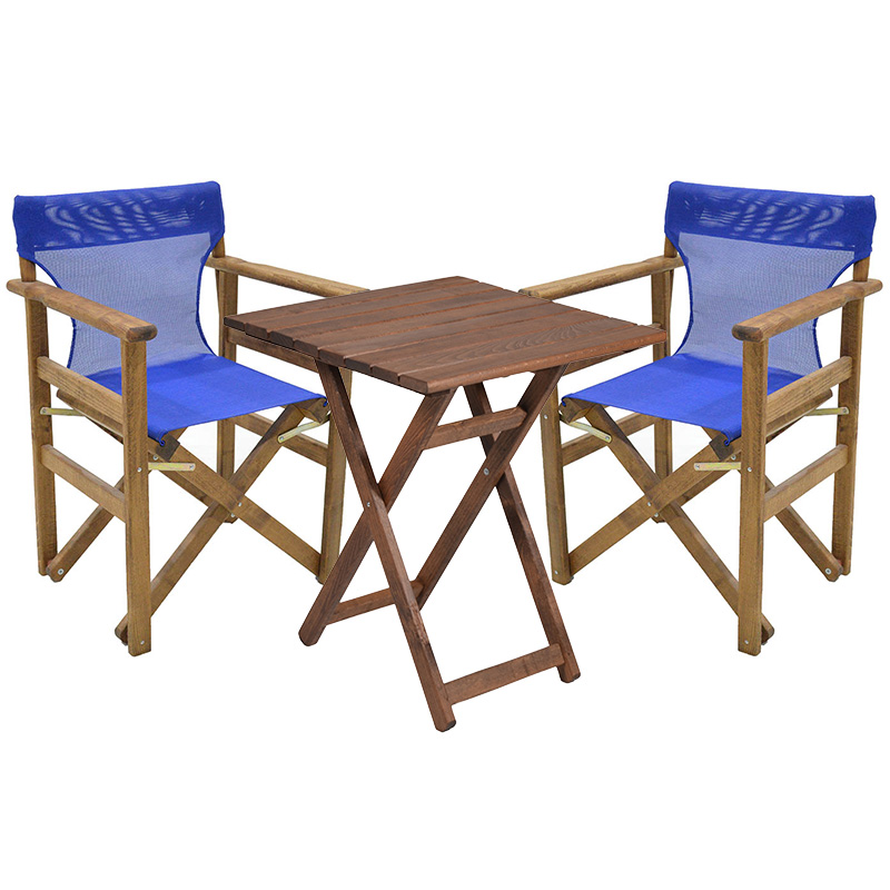 Tavolinë ngrënieje Retto set prej 3 copësh dru ahu masiv arrë-blu 60x60x71cm