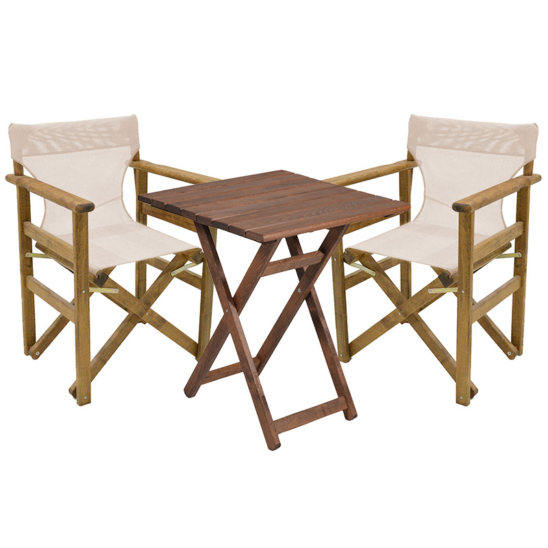 Tavolinë ngrënieje Retto set prej 3 copësh dru ahu masiv arrë-PVC bezhë gri 60x60x71cm