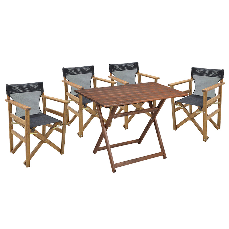 Tavolinë ngrënieje Retto set me 5 pjesë dru masiv ahu arrë-PVC e zezë 80x60x72cm