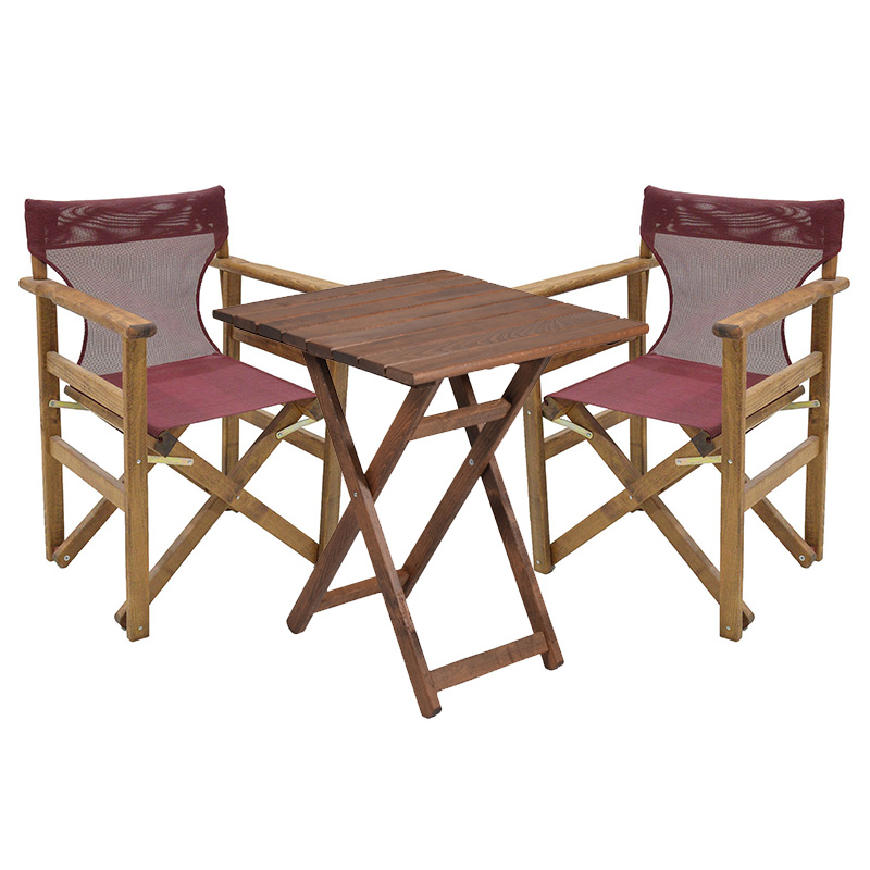 Tavolinë ngrënieje Retto set me 3 pjesë dru ahu masiv arrë-PVC ngjyrë vishnje 70x70x71cm