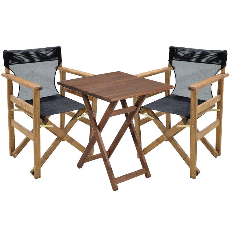 Tavolinë ngrënieje Retto set prej 3 copësh dru ahu masiv arrë-PVC e zezë-gri 60x60x71cm