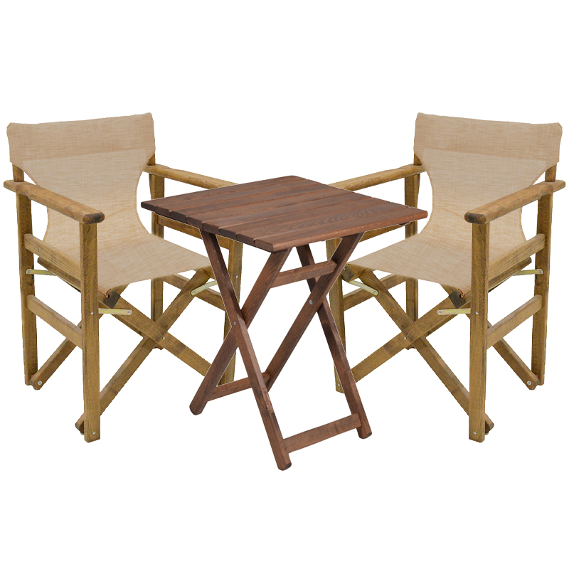 Set tavoline ngrënieje prej 3 copash Retto dru masiv ahu arrë-bezhë-stof ekru 60x60x71cm