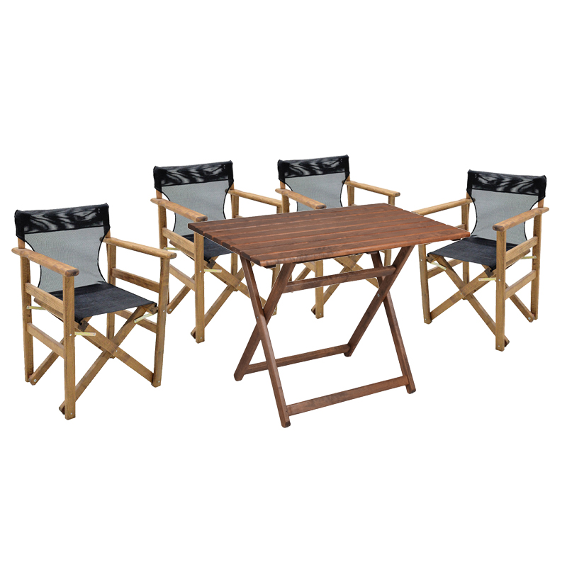 Set ngrënieje 5 copë Retto dru masiv ahu arrë pëlhurë e zezë-gri 100x60x71cm