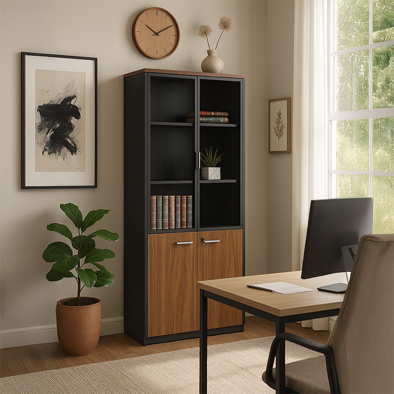 Bibliotekë profesionale Oscar pakoworld me dyer prej qelqi arrë-antracit ngjyrë 80x40x200cm