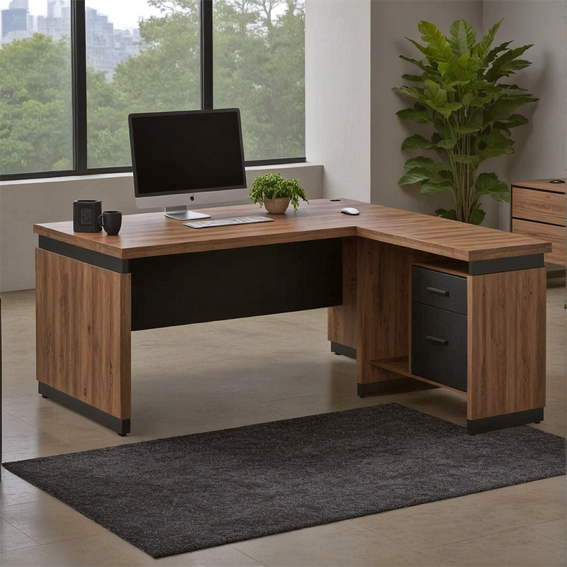 Tavolinë zyre profesionale e kthyeshme Oscar pakoworld melamine në nuancë arre-qymyr 220x185x76cm
