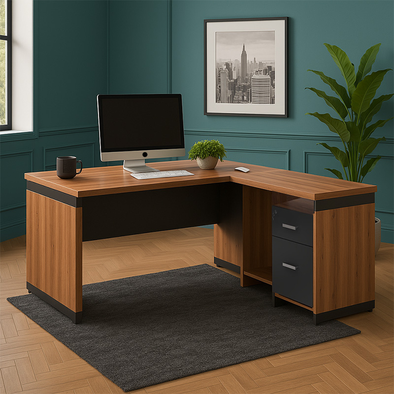 Tavolinë zyre profesionale e kthyeshme Oscar pakoworld melamine në nuancë arre-qymyr 200x180x76cm