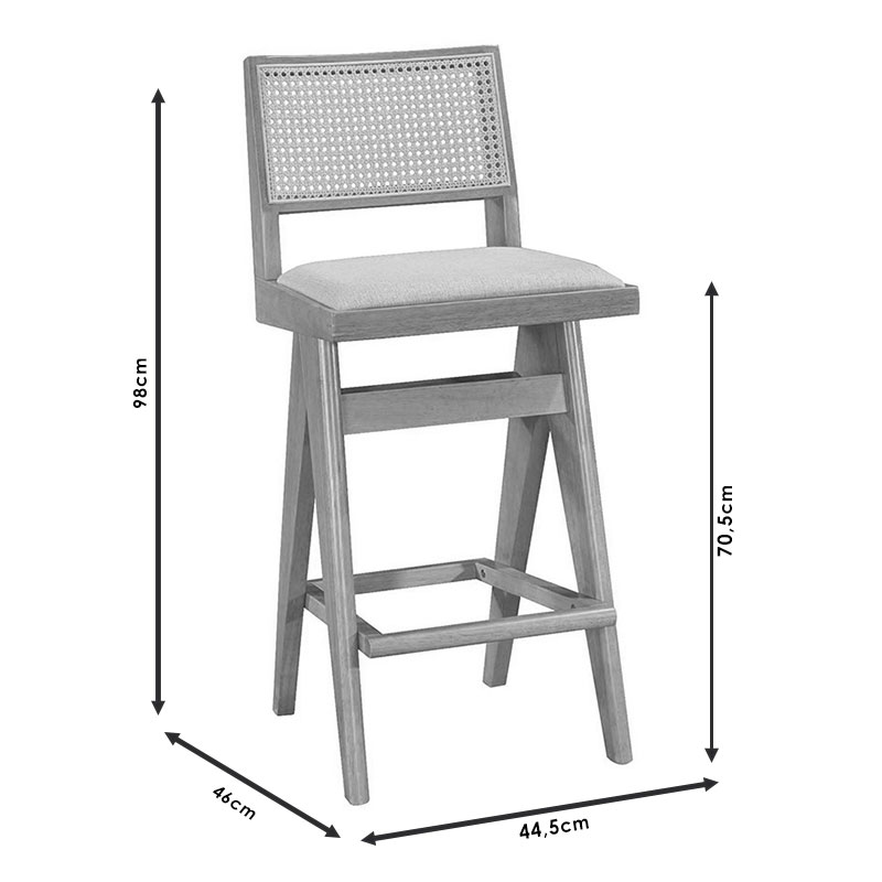 Stol bari Winslow pakoworld dru rubberwood arrë e lehtë-pvc rattan natyral-pëlhurë gri 44.5x46x98cm