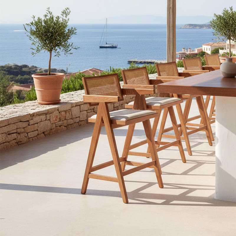 Stol bari me krahë Winslow pakoworld dru rubberwood arrë e lehtë-pvc rattan natyral-copë gri