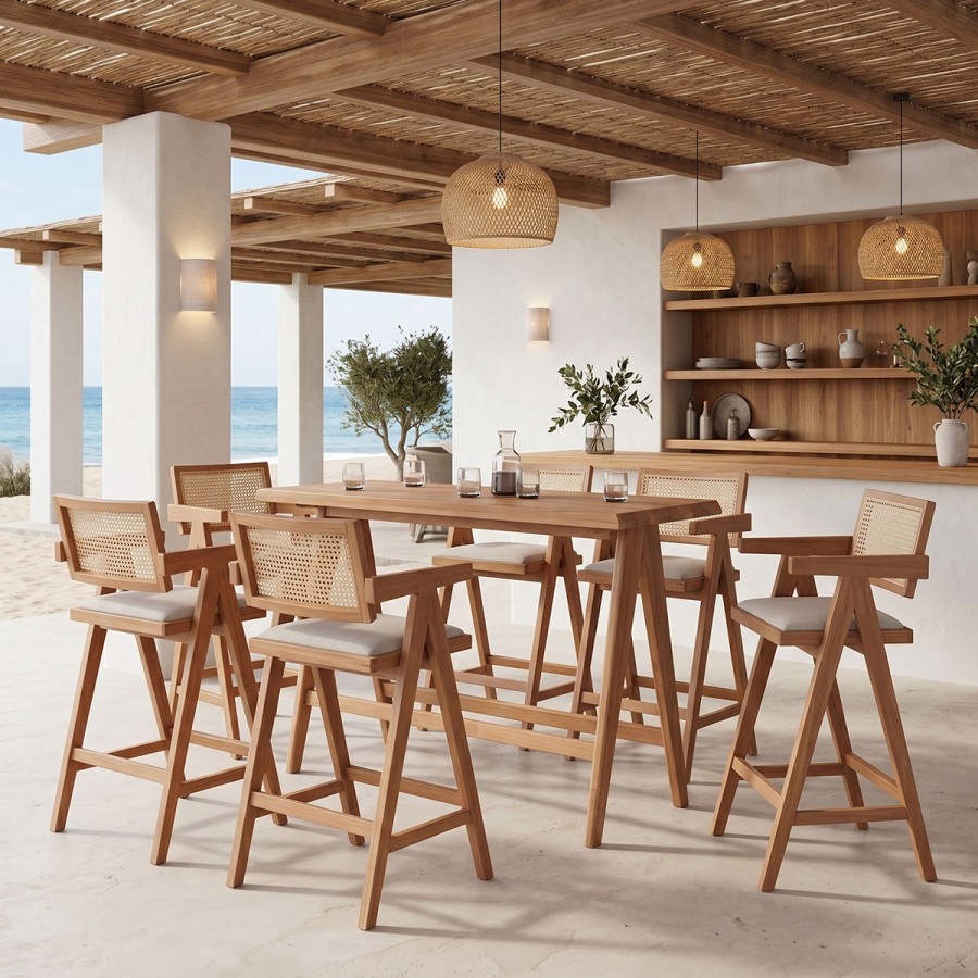Set ngrënieje Winslow Ι pakoworld set 7 pjesë dru kauçuk arrë e çelur 120x45x100cm