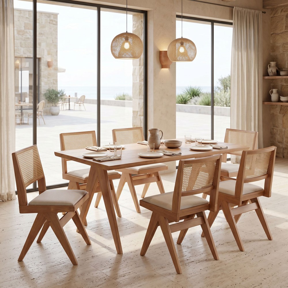 Tavolinë ngrënieje Winslow pakoworld set prej 7 dru gome në nuancë arre të lehtë 160x85x75cm