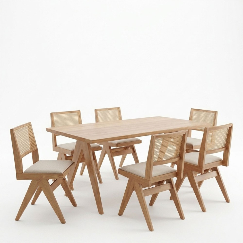 Tavolinë ngrënieje Winslow pakoworld set prej 7 dru gome në nuancë arre të lehtë 160x85x75cm