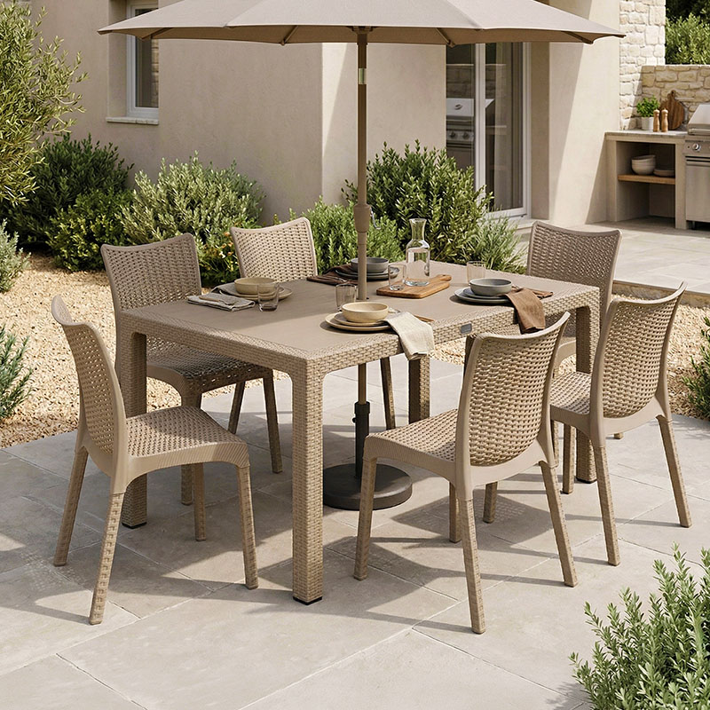 Set ngrënieje Explore-Confident pakoworld set 7 copë PP kapuçino 150x90x73.5cm