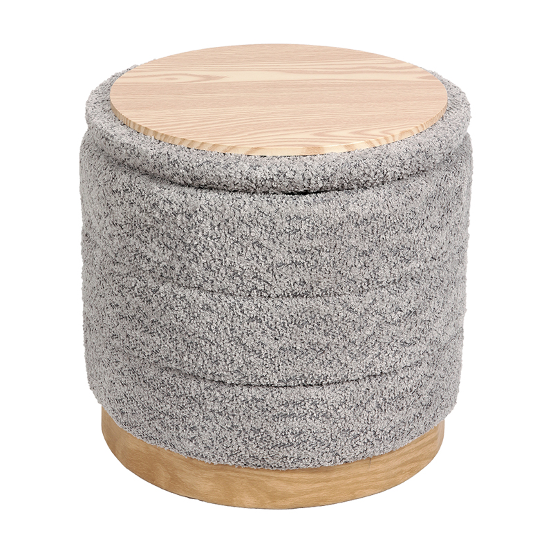 Tabure-arkë Pelen pakoworld pëlhurë teddy gri me bazë mdf me ngjyrë natyrale D39x37cm