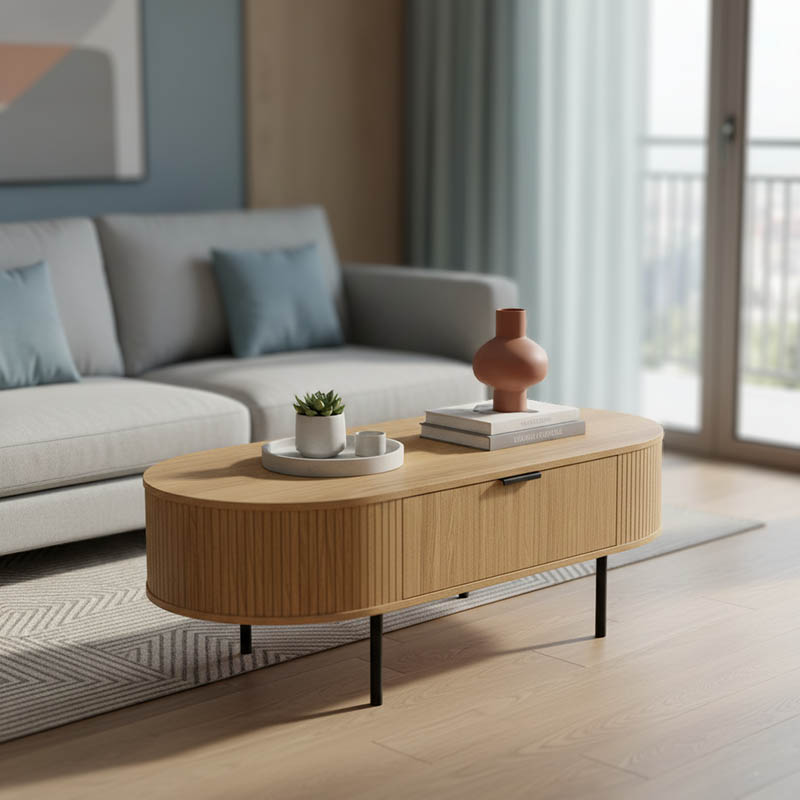 Tavolinë kafeje Scandi pakoworld MDF natyrale me këmbë metalike 118x60x44cm