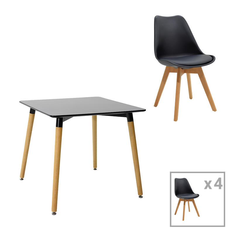 Set ngrënieje me karrige Gaston të bardha dhe tavolinë Natali të zezë 80x80x76cm Set prej 5 copësh