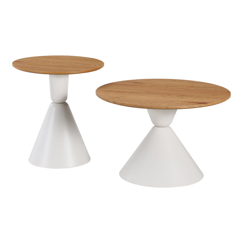 Set tavolinash kafeje Obsidian pakoworld prej 2 metalesh të bardha - mdf në nuancë natyrale