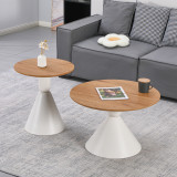 Set tavolinash kafeje Obsidian pakoworld prej 2 metalesh të bardha - mdf në nuancë natyrale