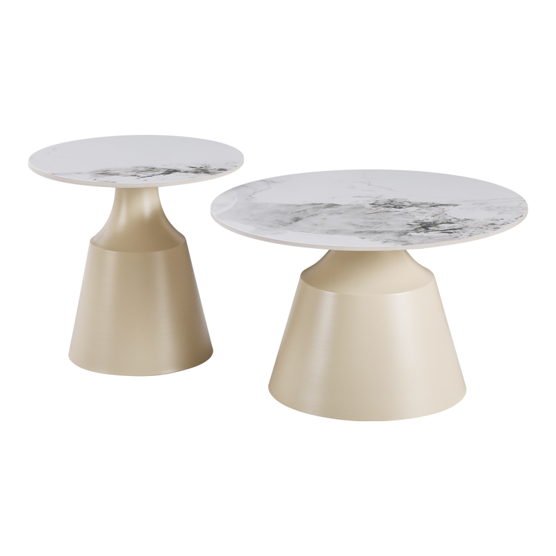 Tavolina kafeje Sculpt pakoworld set prej 2 copësh kapuçino metal-gur i sinterizuar mermer i bardhë