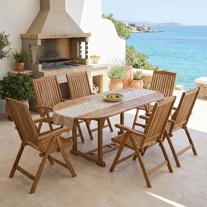 Set tavoline ngrënieje Zerco-Sopho pakoworld prej 7 copash dru masiv akacie natyral 200/150x100x75cm