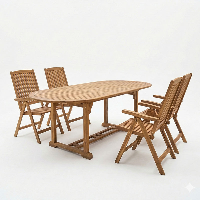 Tavolinë ngrënieje Zerco-Sopho I pakoworld set me 5 dru akacie masiv natyral 200/150x100x75cm