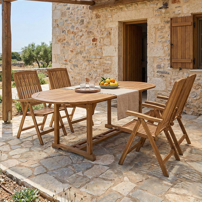 Tavolinë ngrënieje Zerco-Sopho I pakoworld set me 5 dru akacie masiv natyral 200/150x100x75cm