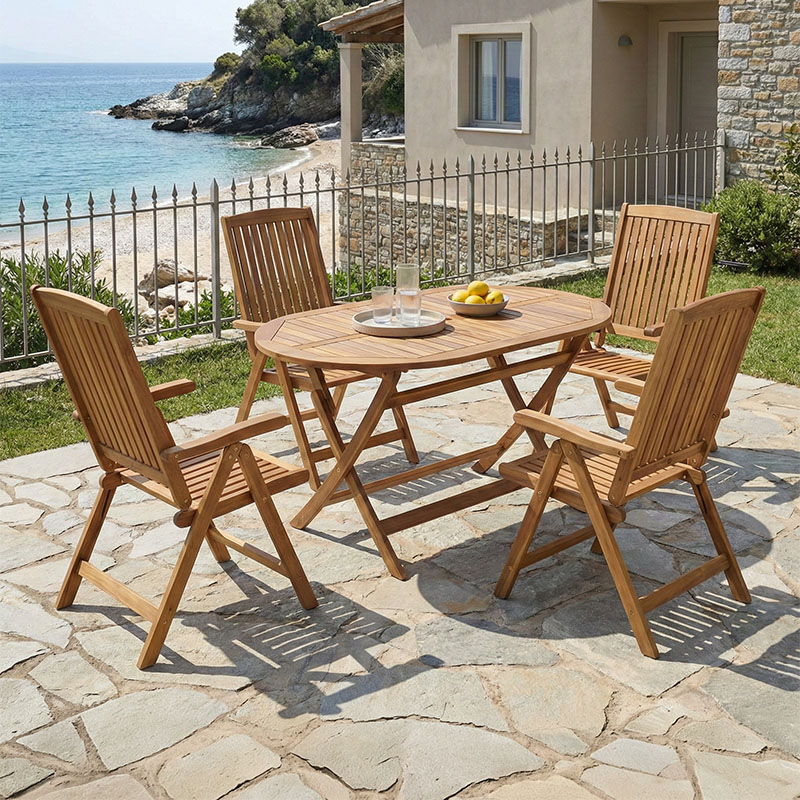 Set tavoline ngrënieje Zerco-Falov pakoworld me 5 copë dru masiv akacie natyral 130x80x72cm