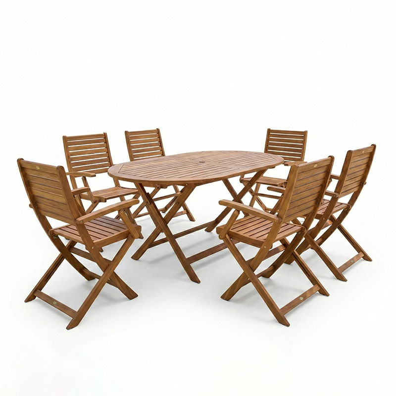 Set tavoline ngrënieje Gorpo-Falov pakoworld me 7 copë dru masiv akacie natyral 130x80x72cm