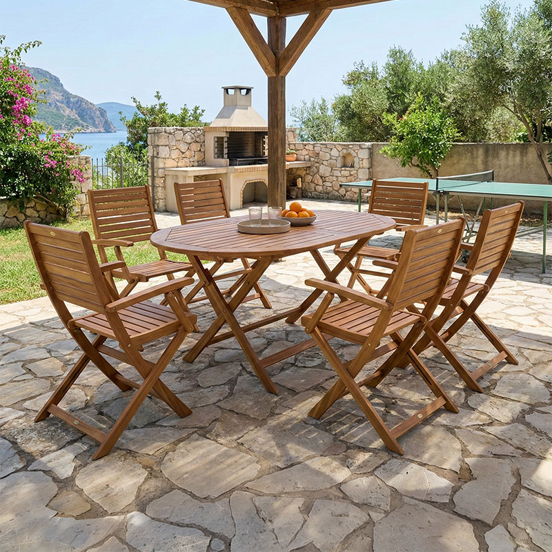 Set tavoline ngrënieje Gorpo-Falov pakoworld me 7 copë dru masiv akacie natyral 130x80x72cm