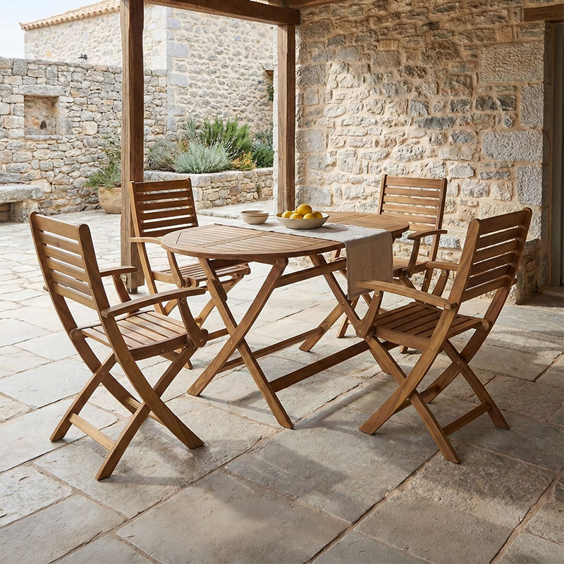 Set tavoline ngrënieje Gorpo-Falov pakoworld me 5 copë dru masiv akacie natyral 130x80x72cm