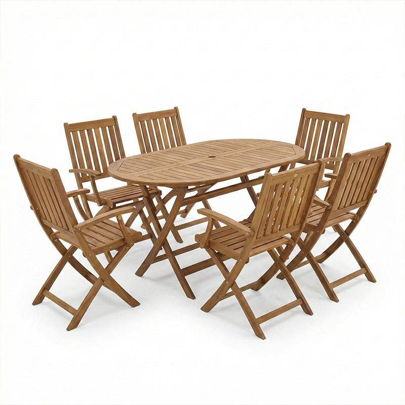Set tavoline ngrënieje Mobie-Falov pakoworld me 7 copë dru masiv akacie natyral 130x80x72cm