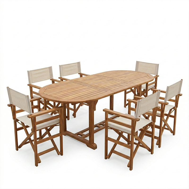 Set ngrënieje Bistrual-Sopho pakoworld me 7 copë, dru akacie i ngurtë natyral i zgjerueshëm 200/150x100x75cm