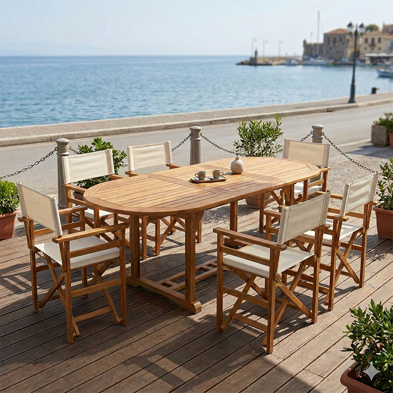 Set ngrënieje Bistrual-Sopho pakoworld me 7 copë, dru akacie i ngurtë natyral i zgjerueshëm 200/150x100x75cm