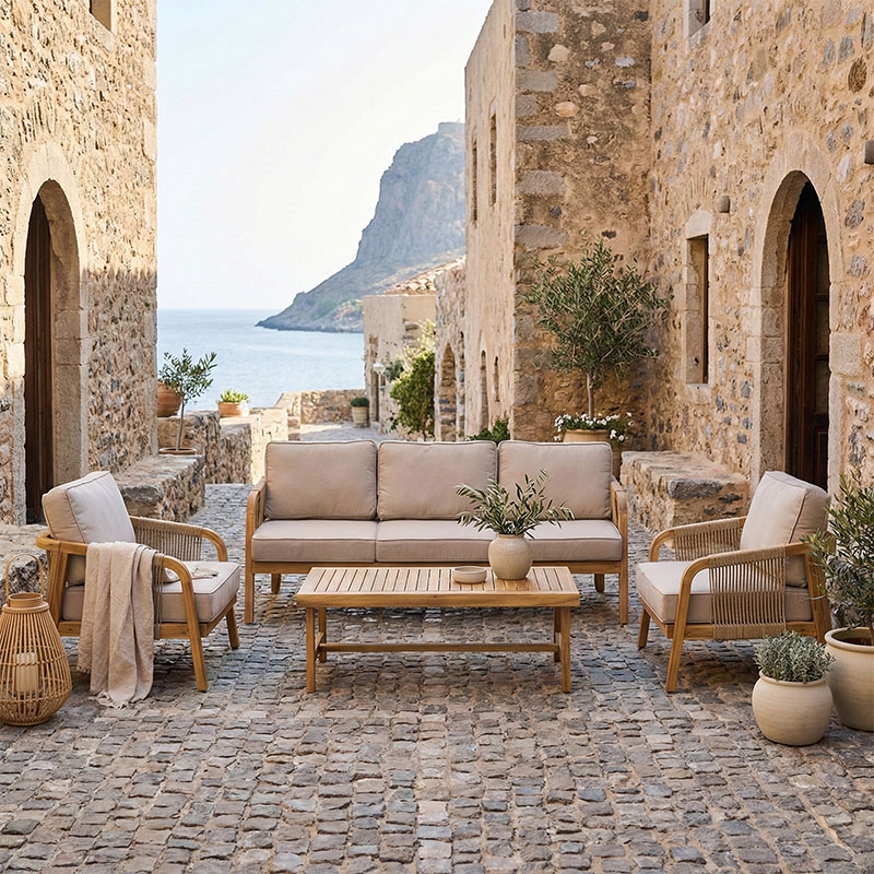 Set divanesh për ambiente të jashtme Malibu III pakoworld dru akacie me litar në ngjyrë natyrale dhe jastëkë në ngjyrë bezhë