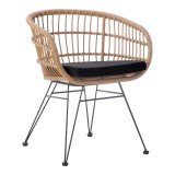 Naoki pakoworld fotel me jastëk pe rattan në nuancë natyrale dhe këmbë metalike të zeza 63x61x79cm